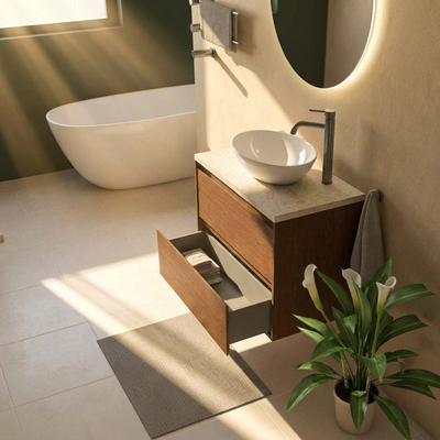 Saniclass Holz Pure Ensemble de meubles de salle de bains - 80x45x63cm - Plan de travail en pierre naturelle travertin - 1 trou de robinetterie - 2 tiroirs - walnut pure mat (bois)