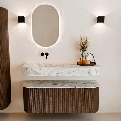 MONDIAZ THOR-DLUX 120cm badmeubel ronding links + rechts kleur Walnut met 1 lade en 2 deuren. Vrijhangende wastafel CLOUD Links zonder kraangat kleur Glace.