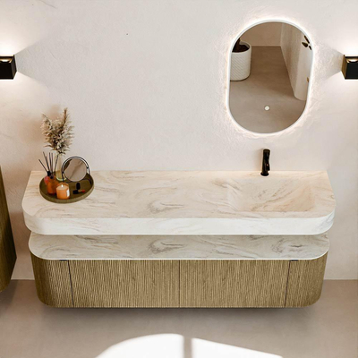 MONDIAZ THOR-DLUX 180cm meuble de salle de bains arrondi gauche + droite couleur Dusk avec 2 tiroirs et 2 portes. Vasque suspendue CLOUD Droite 1 trou de robinet couleur Ostra.