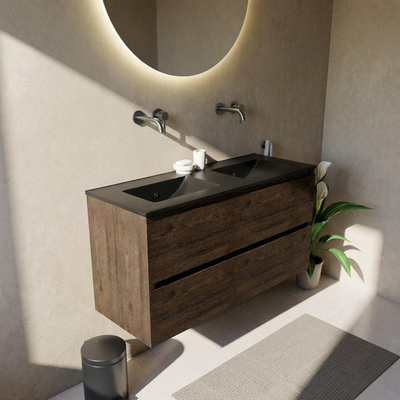 Saniclass Holz Pure Ensemble de meubles de salle de bains - 120x45x62cm - Vasque Vygo en céramique noire - 2 vasques - sans trous de robinetterie - 4 tiroirs - chêne charcoal mat (bois)