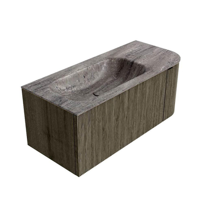 MONDIAZ KURVE-DLUX Meuble de salle de bains 105cm arrondi à droite couleur Shadow avec 1 tiroir et 1 porte. Lavabo BIG SMALL gauche 1 trou de robinet Oza.