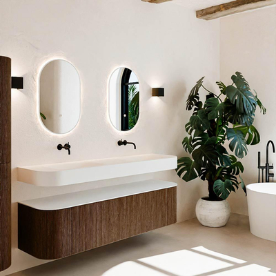 MONDIAZ THOR 170cm meuble de salle de bains arrondi gauche + droite couleur Walnut avec 1 tiroir et 2 portes. Vasque suspendue CLOUD Double sans trou de robinet couleur Talc.