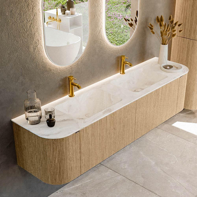 MONDIAZ KURVE-DLUX 180cm badmeubel met module 25 Len R kleur Oak met 2 lades en 2 deuren. Wastafel LEAF dubbel 2 kraangaten kleur Frappe.