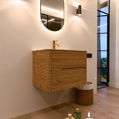 Mondiaz CIRO-DLUX Ensemble de meubles de salle de bains - 70x45x50cm - lavabo solid surface Glace - 1 vasque au milieu - 1 trou de robinet - 2 tiroirs - Chêne