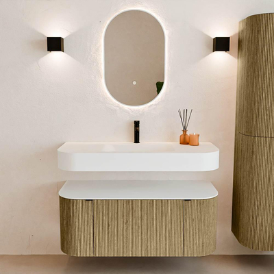 MONDIAZ THOR 110cm meuble de salle de bains arrondi gauche + droite couleur Dusk avec 1 tiroir et 2 portes. Vasque suspendue CLOUD Milieu 1 trou de robinet couleur Talc.