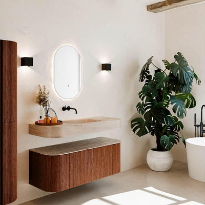 MONDIAZ THOR-DLUX 120cm meuble de salle de bains arrondi gauche + droite couleur Ruby avec 1 tiroir et 2 portes. Vasque suspendue CLOUD Milieu sans trou de robinet couleur Saba.