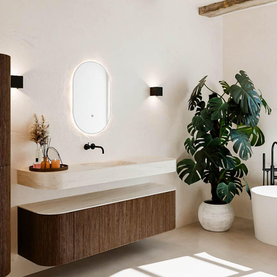 MONDIAZ THOR-DLUX 160cm meuble de salle de bains arrondi gauche + droite couleur Walnut avec 1 tiroir et 2 portes. Vasque suspendue CLOUD Centre sans trou de robinet couleur Meli.