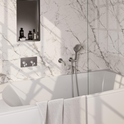 BRAUER Stripe Thermostatische Badkraan - drukknoppen - SET 04 - inbouw - uitloop - 3-standen handdouche - doucheslang - wandaansluitbocht - RVS-kleurig geborsteld PVD