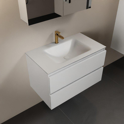 Mondiaz Aivy badmeubelset - 80x45x50cm - 1 kraangat - 1 wasbak talc Solid surface - Midden - 2 lades - Met spiegelkast - MDF Talc