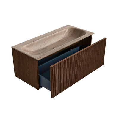 MONDIAZ KURVE-DLUX Meuble de salle de bains 100 cm couleur Walnut avec 1 tiroir et 0 porte. Lavabo BIG MEDIUM Central 1 trou de robinet Saba.