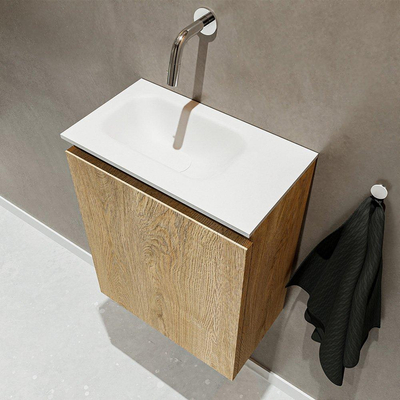 MONDIAZ TURE Kit lave-mains - 40x23x50cm - 0 trous de robinet - 1 porte - chêne blanchi mat - Lavabo à gauche - Solid Surface Blanc