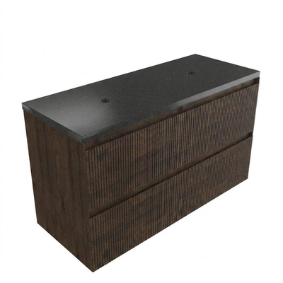 Saniclass Holz Atelier Ensemble meuble de salle de bains - 120x45x63cm - vasque en basalte Noche polie - 1 vasque - sans trou de robinet - 2 tiroirs - chêne charbon mat (bois)