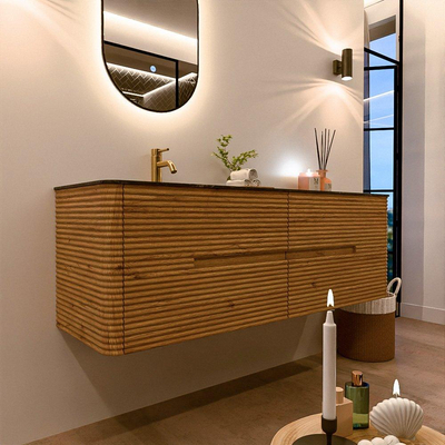 Mondiaz CIRO-DLUX Ensemble de meubles de salle de bains - 150x45x50cm - lavabo solid surface Lava - 1 vasque à gauche - 1 trou de robinet - 4 tiroirs - Chêne