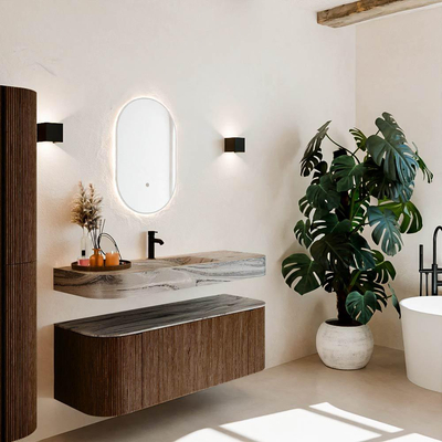 MONDIAZ THOR-DLUX 130cm meuble de salle de bains arrondi gauche + droite couleur Walnut avec 1 tiroir et 2 portes. Vasque suspendue CLOUD Milieu 1 trou de robinet couleur Sombra.