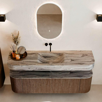MONDIAZ THOR-DLUX 160cm badmeubel ronding links + rechts kleur Walnut met 1 lade en 2 deuren. Vrijhangende wastafel CLOUD Midden zonder kraangat kleur Sombra.