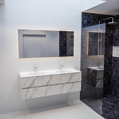 ENSEMBLE DE MEUBLE MONDIAZ VICA - 150 cm - 2 tiroirs - lavabo Moon double - 2 trous de robinet - solid surface marbre carrara