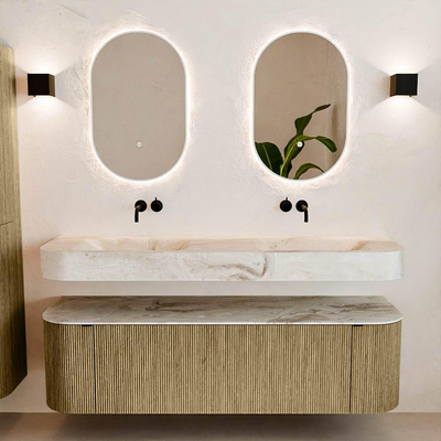 MONDIAZ THOR-DLUX 160cm meuble de salle de bains arrondi gauche + droite couleur Dusk avec 1 tiroir et 2 portes. Vasque suspendue CLOUD Double sans trou de robinet couleur Frappe.