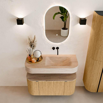 MONDIAZ THOR-DLUX 100cm badmeubel ronding links + rechts kleur Oak met 1 lade en 2 deuren. Vrijhangende wastafel CLOUD Rechts zonder kraangat kleur Saba.