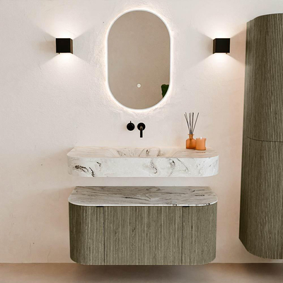 MONDIAZ THOR-DLUX 100cm meuble de salle de bains arrondi gauche + droite couleur Shadow avec 1 tiroir et 2 portes. Vasque suspendue CLOUD Milieu sans trou de robinet couleur Glace.