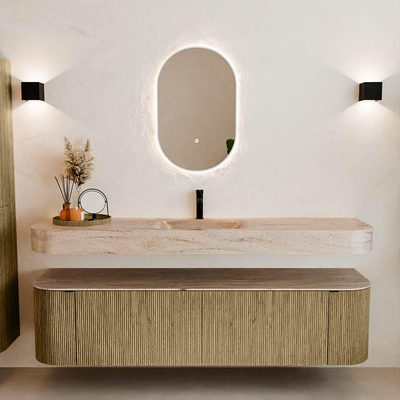 MONDIAZ THOR-DLUX 180cm meuble de salle de bains arrondi gauche + droite couleur Dusk avec 2 tiroirs et 2 portes. Vasque suspendue CLOUD Milieu 1 trou de robinet couleur Saba.