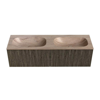 MONDIAZ KURVE-DLUX Meuble de salle de bains 150 cm couleur Shadow avec 2 tiroirs et 0 portes. Lavabo STOR SMALL Double sans trou de robinetterie Saba.