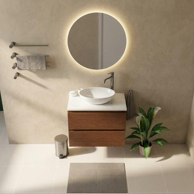 Saniclass Holz Pure Ensemble de meubles de salle de bains - 80x45x63cm - Plan vasque en marbre Dia poli (blanc) - 1 trou de robinet - 2 tiroirs - walnut pure mat (bois)