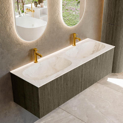 Mondiaz KURVE-DLUX Ensemble de meubles de salle de bains - 140x46x40cm - 2 tiroirs - vasque solid surface - double - 2 trous de robinet - Shadow