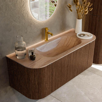 MONDIAZ KURVE-DLUX 120cm badmeubel ronding Links + Rechts kleur Walnut met 1 lade en 2 deuren. Wastafel BIG SMALL Midden 1 kraangat Saba.