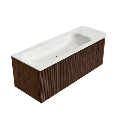 MONDIAZ KURVE-DLUX 125cm badmeubel met module 25 R kleur Walnut met 1 lade en 1 deur. Wastafel BIG MEDIUM links zonder kraangat kleur Ostra.