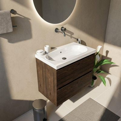 Saniclass Holz Pure Ensemble de meubles de salle de bains - 80x45x63.5cm - lavabo Palermo en céramique blanc - 1 vasque - sans trou de robinetterie - 2 tiroirs - chêne charcoal mat (bois)