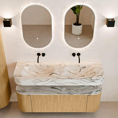 MONDIAZ THOR-DLUX 140cm badmeubel ronding links + rechts kleur Oak met 1 lade en 2 deuren. Vrijhangende wastafel CLOUD Dubbel zonder kraangat kleur Glace.