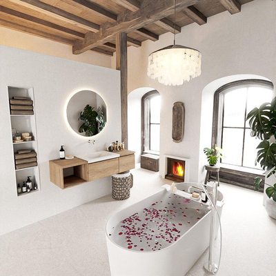 MONDIAZ BUKLA 140cm ensemble de meuble avec module ouvert 40 gauche couleur Chêne blanchi avec 2 tiroirs. Lavabo CLOUD centre 0 trous de robinet couleur Talc.