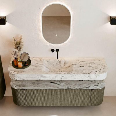 MONDIAZ THOR-DLUX 160cm badmeubel ronding links + rechts kleur Shadow met 1 lade en 2 deuren. Vrijhangende wastafel CLOUD Midden zonder kraangat kleur Glace.