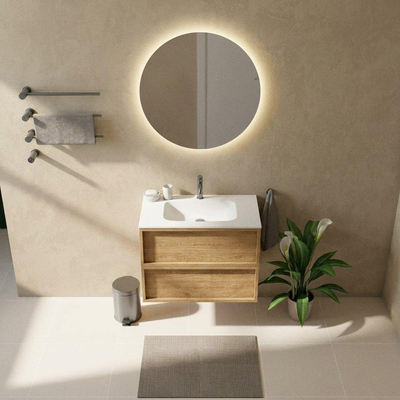 Saniclass Holz Frame Ensemble meuble de salle de bains - 80x45x61.5cm - Flow lavabo en solid surface blanc - 1 vasque - 1 trou de robinet - 2 tiroirs - chêne natural mat (bois)