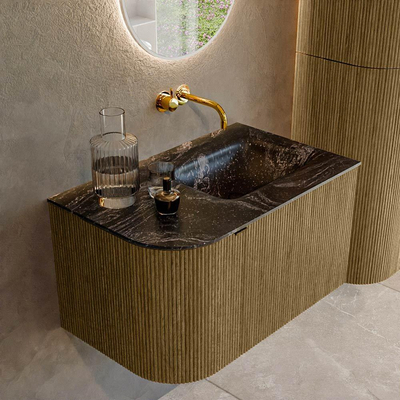 Ensemble de meuble de salle de bain Mondiaz KURVE-DLUX - 75x46x40cm - 1 tiroir - 1 porte - lavabo en solid surface - droite - sans trou de robinet - Dusk