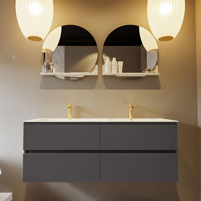 Mondiaz VICA-DLUX ensemble de meuble de salle de bain - 130cm - meuble sous-vasque gris foncé - 4 tiroirs - lavabo encastré cloud double - 2 trous de robinet - version haute de 60cm - opalo