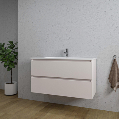 Saniclass Chaci Meuble de salle de bain - 100x46x55cm - lavabo en céramique blanc - 1 vasque ovale - 1 trou de robinet - 2 tiroirs - mat cotton (beige)