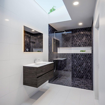 ENSEMBLE DE MEUBLE MONDIAZ VICA - 100cm - 2 tiroirs - lavabo Moon central - 1 trou de robinet - solid surface marron foncé