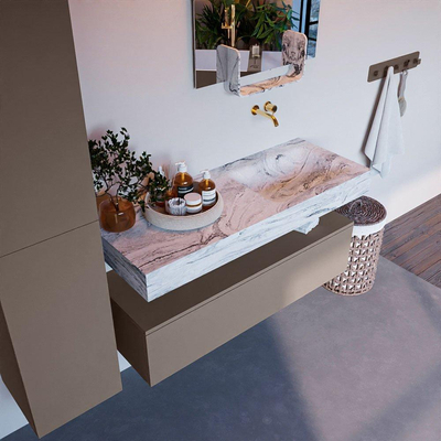 Mondiaz ALAN-DLUX Ensemble de meuble - 120cm - meuble Smoke mat - 1 tiroir - Lavabo Cloud Glace suspendu - vasque Droite - 0 trous de robinet