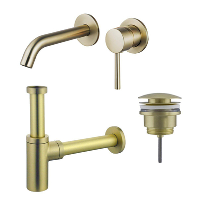 Fortifura Calvi Slim Wastafelkraanset - inbouw wastafelkraan - klikwaste plug - design sifon - Geborsteld Messing PVD (Goud)