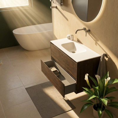 Saniclass Holz Pure Ensemble de meubles de salle de bains - 100x45x61.5cm - Flow lavabo en solid surface blanc - 1 vasque - sans trou de robinet - 2 tiroirs - chêne charcoal mat (bois)