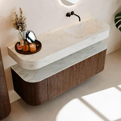 MONDIAZ THOR-DLUX 140cm meuble de salle de bains arrondi gauche + droite couleur Walnut avec 1 tiroir et 2 portes. Vasque suspendue CLOUD droite sans trou de robinet couleur Opalo.