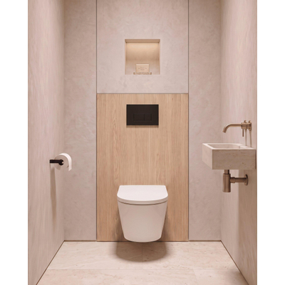 QeramiQ Dely Toiletset - 36.3x51.7cm - diepspoel - rimless - Geberit UP320 inbouwreservoir - met Burda frame - softclose toilet zitting - 35mm - metaal mat zwart bedieningsplaat - rechthoekige knoppen - glans wit (zwart)