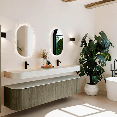 MONDIAZ THOR-DLUX 200cm meuble de salle de bains arrondi gauche + droite couleur Shadow avec 2 tiroirs et 2 portes. Vasque suspendue CLOUD Double 2 trous de robinet couleur Opalo.