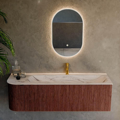 MONDIAZ KURVE-DLUX Meuble de salle de bains 145cm arrondi à gauche couleur Ruby avec 1 tiroir et 1 porte. Lavabo BIG LARGE à droite 1 trou de robinet Nata.