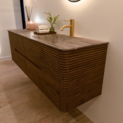 Mondiaz CIRO-DLUX Badkamermeubelset - 160x45x50cm - Solid surface wastafel Oza - 1 wasbak Rechts - 1 kraangat - 4 lades - Dusk