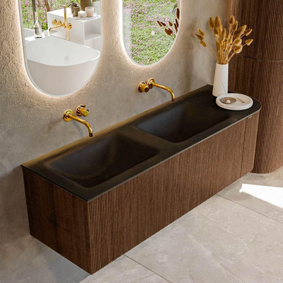 MONDIAZ KURVE 145cm badmeubel met module 25 R kleur Walnut met 1 lade en 1 deur. Wastafel CLOUD dubbel / links zonder kraangat Urban.