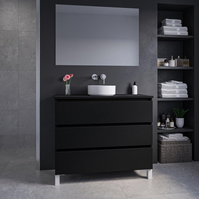 Saniclass Chaci PLUS Meuble de salle de bain - 100x86x46cm - vasque - plan de toilette - 3 tiroirs - noir mat