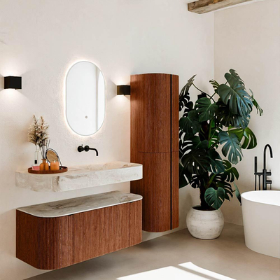 MONDIAZ THOR-DLUX Meuble de salle de bains 110cm arrondi gauche + droite couleur Ruby avec 1 tiroir et 2 portes. Vasque suspendue CLOUD Droite sans trou de robinet couleur Frappe.