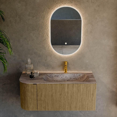 MONDIAZ KURVE-DLUX 105cm badmeubel ronding Links kleur Dusk met 1 lade en 1 deur. Wastafel BIG SMALL Rechts 1 kraangat Oza.